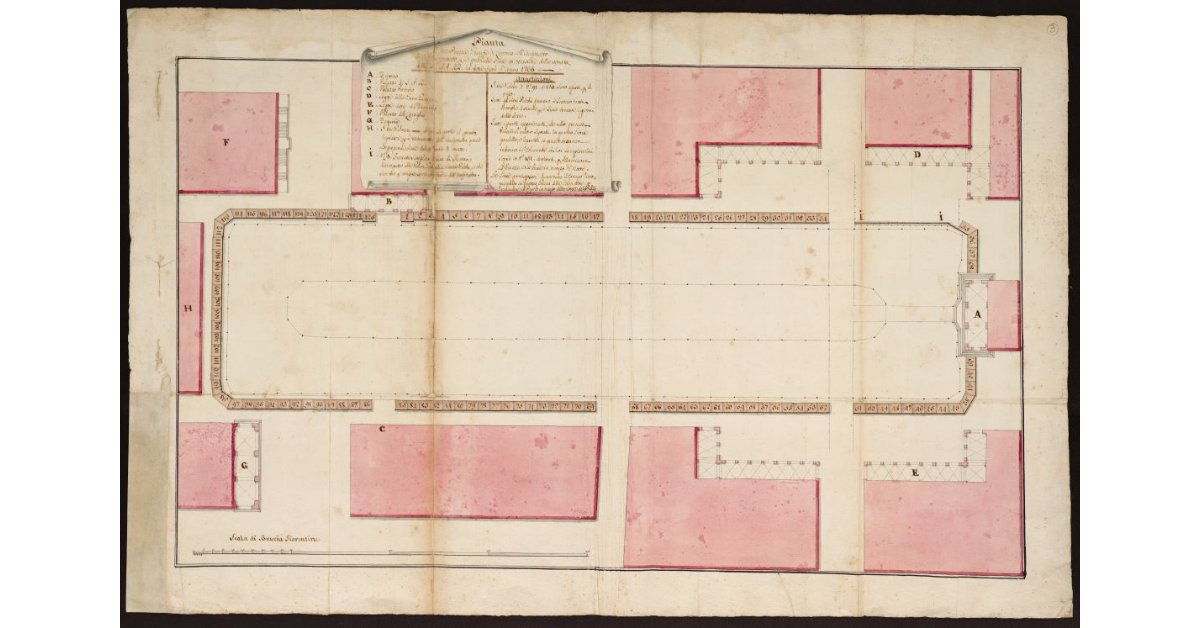 Pianta della Piazza Grande di Livorno con l'anfiteatro dei palchi formato per le pubbliche feste in occasione della venuta delle LL AA. RR. in detta città l'anno 1766
