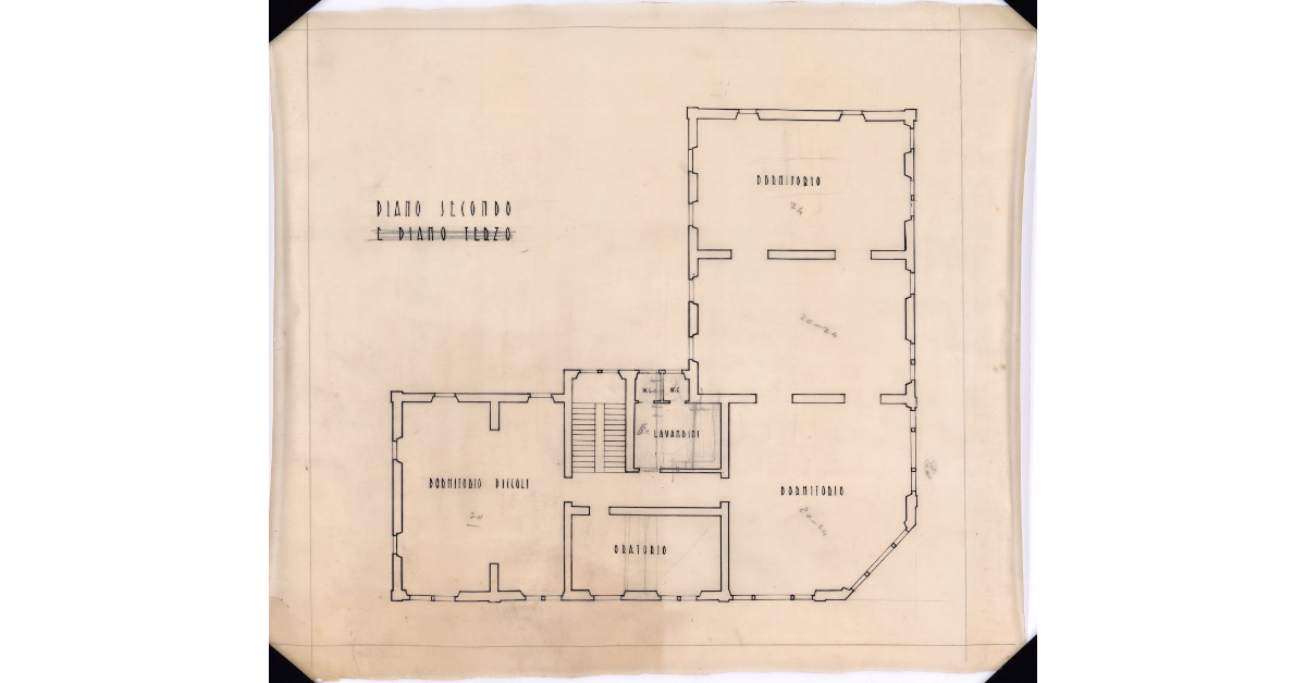 [Pianta del secondo piano del collegio G.I.L.E. con l'indicazione di utilizzo delle stanze]