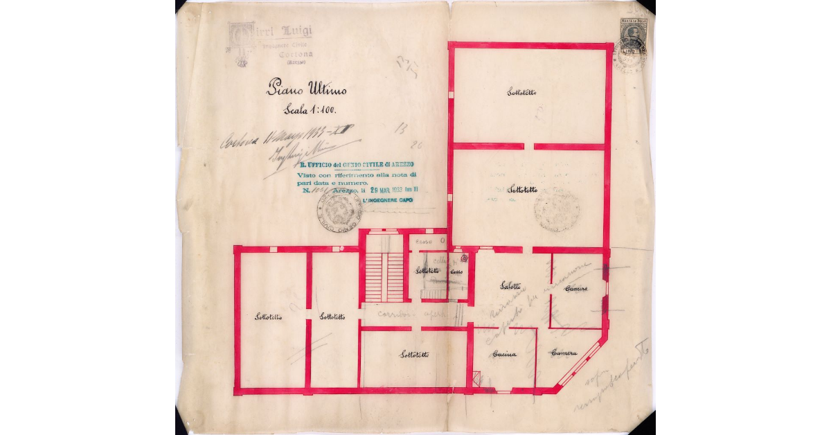[Pianta dell'ultimo piano del collegio G.I.L.E. di Cortona con l'indicazione dell'uso delle stanze]
