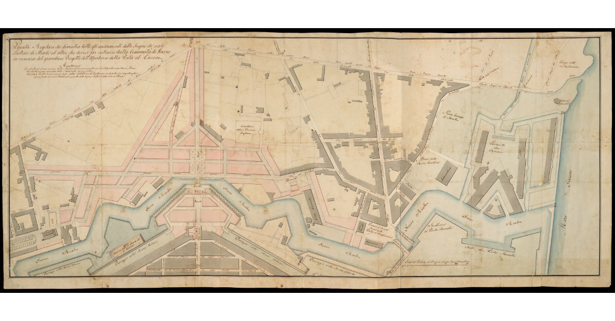 Pianta regolare che dimostra tutti gli andamenti delle fogne di scolo, lastrici di strade ed altro che devesi far costruire dalla Comunità di Livorno in coerenza del grandioso Progetto dell'apertura della Porta al Casone