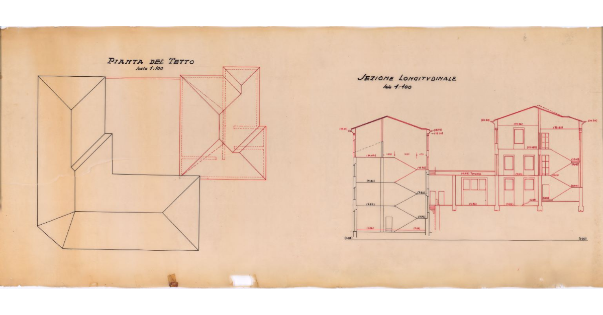 [Pianta del tetto e sezione longitudinale dell'edificio]
