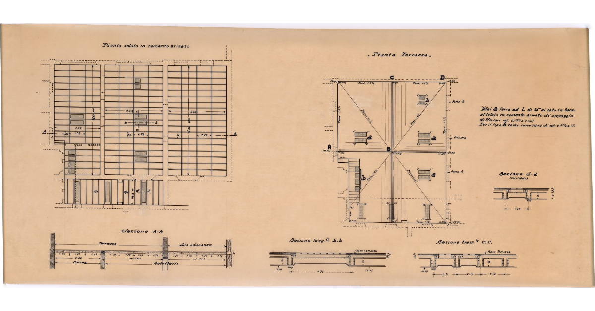 [Pianta del solaio in cemento armato, pianta della terrazza e sezioni varie]