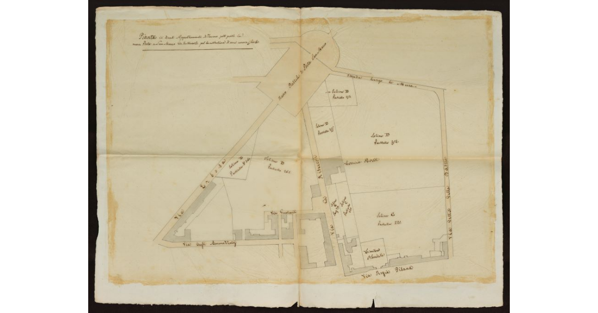 Pianta di diversi appezzamenti di terreno posti presso la Nuova Porta a San Marco da destinarsi per la costruzione di una nuova Chiesa [a Livorno]
