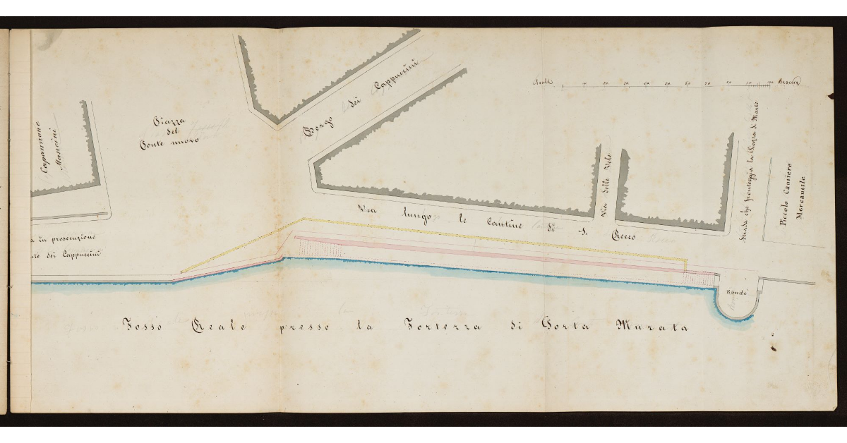 [Fosso Reale tra la Piazza del Ponte Nuovo e il piccolo Cantiere Mercantile, di fronte alla Fortezza di Porta Murata a Livorno]