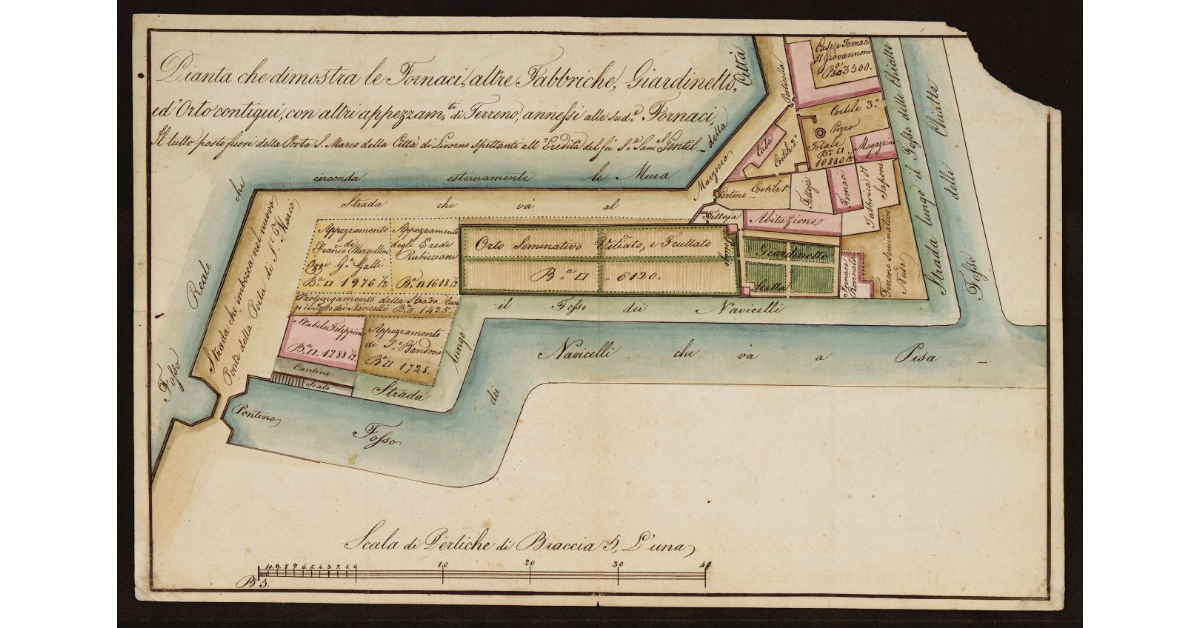 Pianta che dimostra le Fornaci, altre Fabbriche, Giardinetto ed Orto contigui, con altri appezzamenti di terreno annessi alle suddette fornaci, il tutto posto fuori dalla Porta San Marco della città di Livorno spettanti all'eredità che fu del sig. Samuel Gentilli