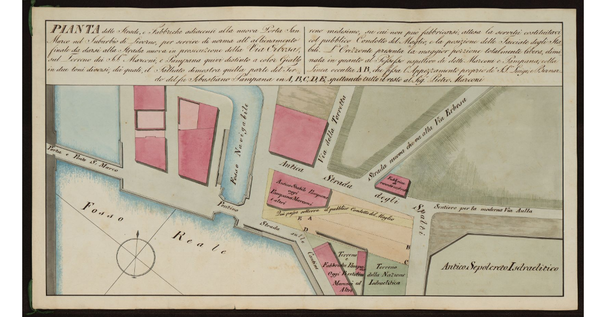 Pianta delle Strade e Fabbriche adiacenti alla nuova Porta San Marco nel suburbio di Livorno per servire di norma all'allineamento finale da darsi alla strada nuova in prosecuzione della Via Erbosa [...]