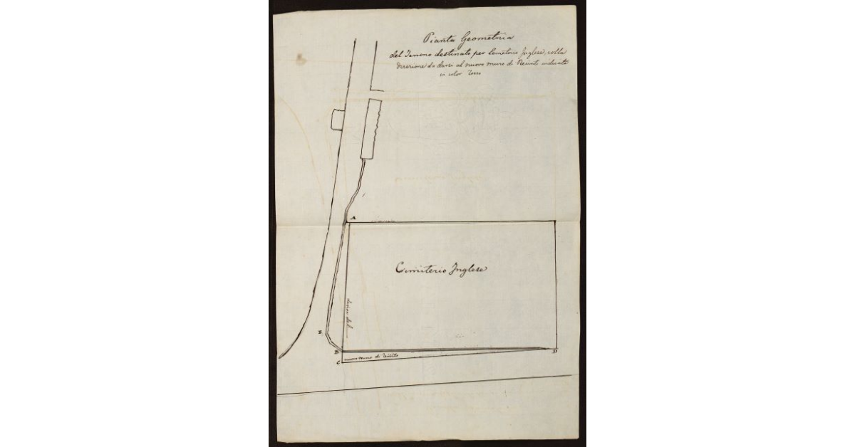 Pianta Geometrica del terreno destinato per Cemeterio Inglese colla direzione da darsi al nuovo muro di recinto indicato in color rosso [a Livorno]