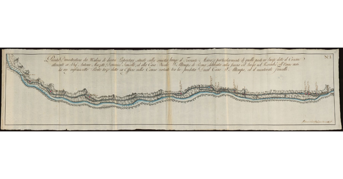 Pianta dimostrativa dei Mulini di diversi proprietari situati sulla sinistra lungo il Torrente Morra particolarmente di quelli posti in Luogo detto Il Crocino [presso Livorno]