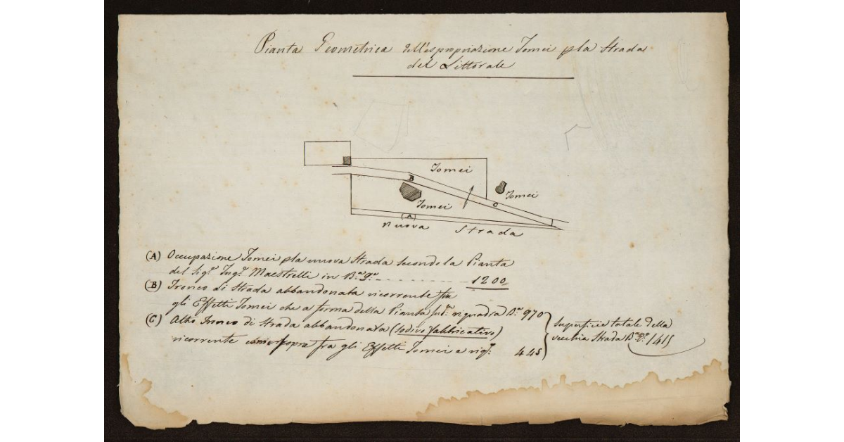 Pianta geometrica dell'espropriazioni Tomei per la Strada del Littorale [a sud di Livorno]