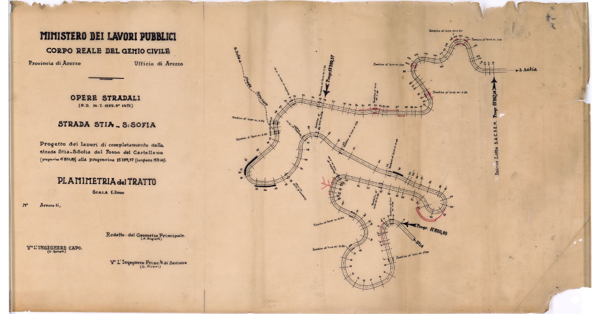 Strada Stia-S. Sofia. Progetto dei lavori di completamento della strada Stia-S. Sofia dal Fosso del Cartellone (progressiva 11.820, 89) alla progressiva 13.999,57 (lunghezza m. 1578,68). Planimetria del tratto
