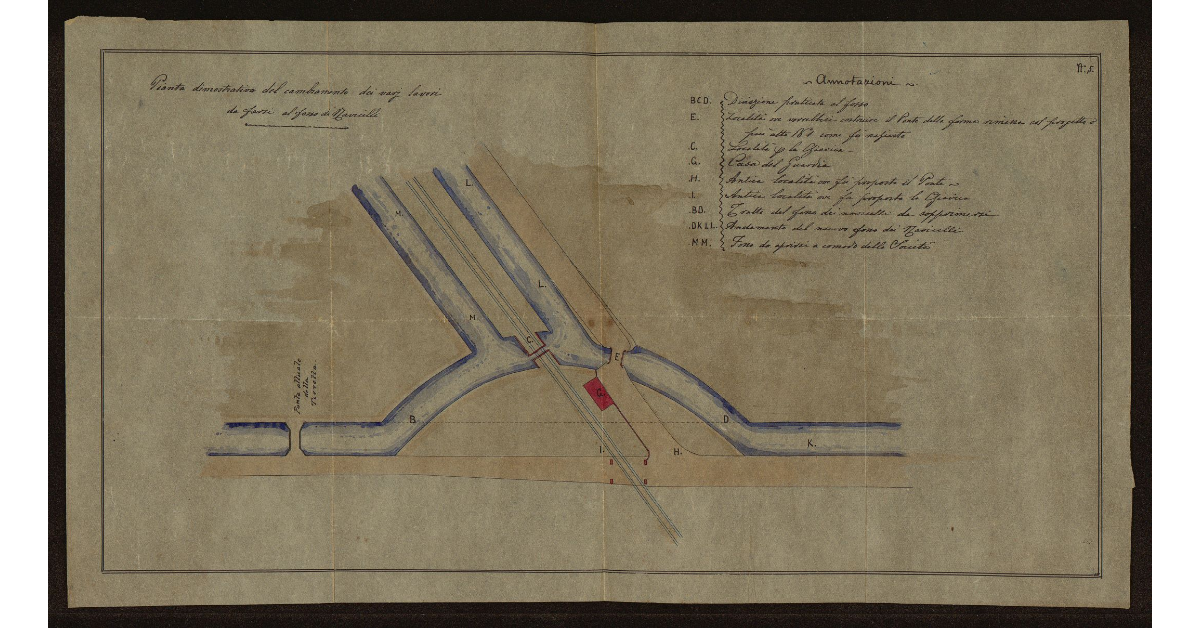 Pianta dimostrativa del cambiamento dei vari lavori da farsi al fosso dei Navicelli [a Livorno]