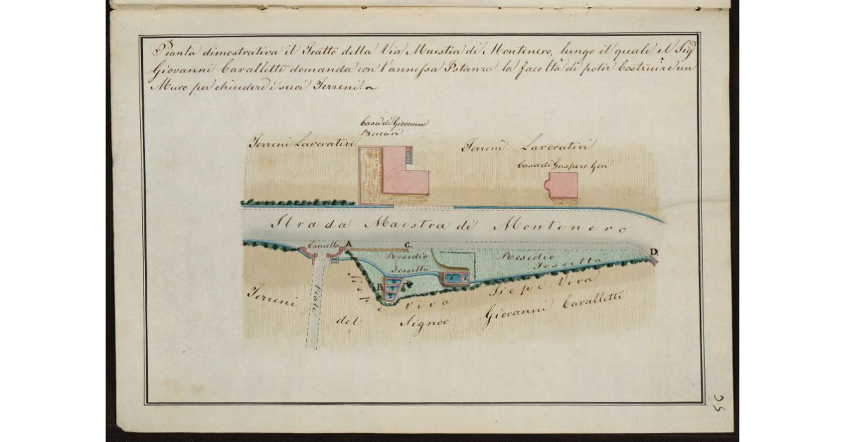 Pianta dimostrativa il Tratto della Via Maestra di Montenero, lungo il quale il Sig. Giovanni Cavalletti domanda con l'annessa Istanza la facoltà di potersi costruire un muro per chiudere i suoi terreni
