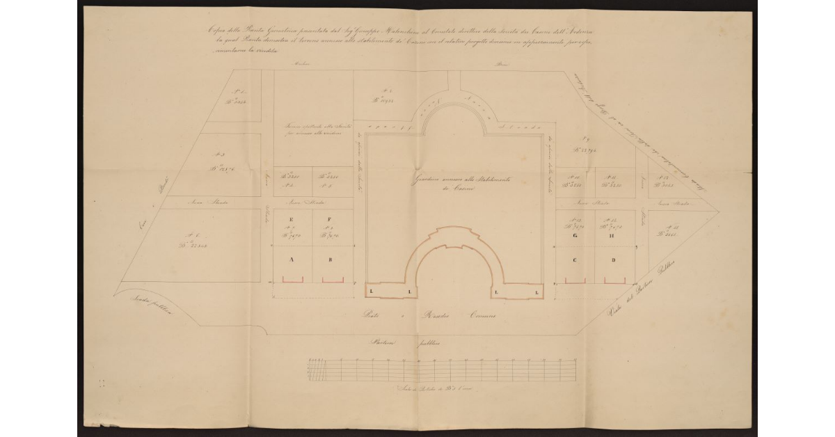 Copia della Pianta geometrica presentata dal sig. Giuseppe Malenchini al Comitato direttivo della Società dei Casini dell'Ardenza la qual Pianta dimostra il terreno annesso allo stabilimento de' Casini con il relativo progetto di divisione in appezzamenti per esperimentarne la vendita