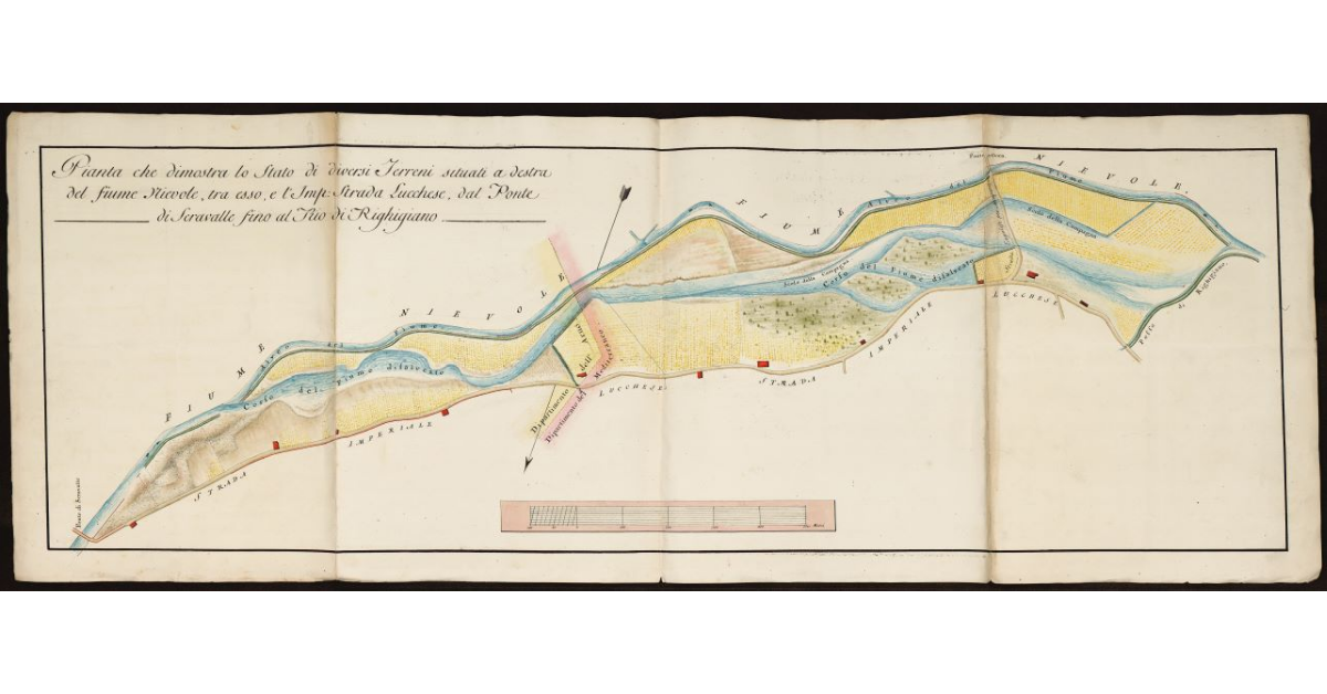 Pianta che dimostra lo Stato di diversi terreni situati a destra del fiume Nievole, tra esso e l'Imp. Strada Lucchese dal ponte di Serravalle fino al Rio di Righigiano