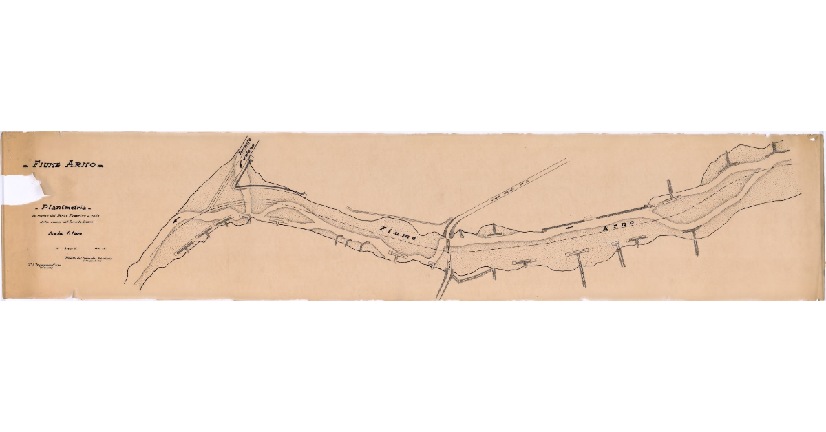Fiume Arno. Planimetria da monte del Ponte Foderino a valle dello sbocco del Torrente Solano