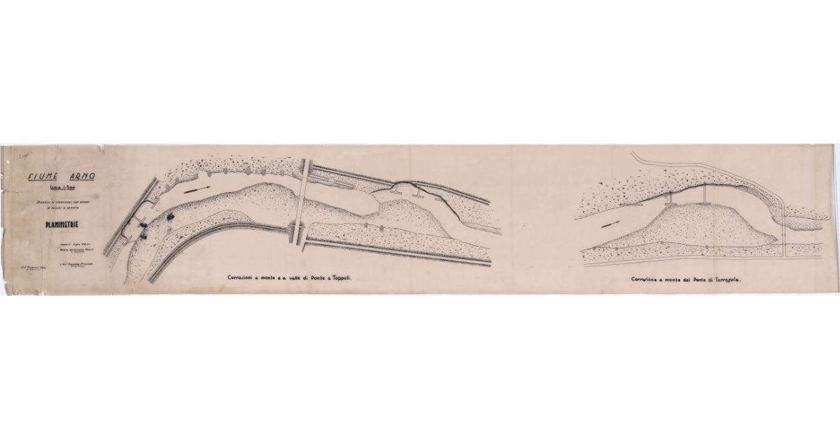 Fiume Arno. Ripresa di corrosioni con difese di paloni e sassaia. Planimetrie