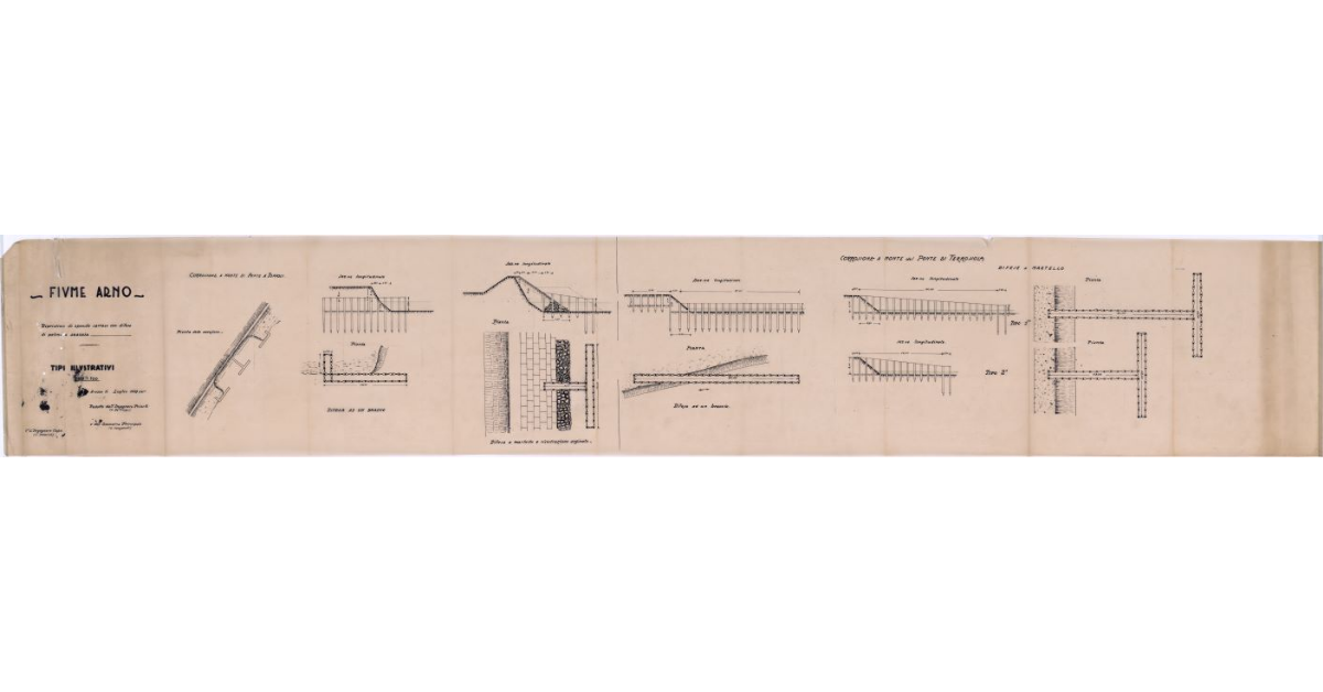 Fiume Arno. Ripristino di sponde corrose con difese di paloni e sassaia. Tipi illustrativi