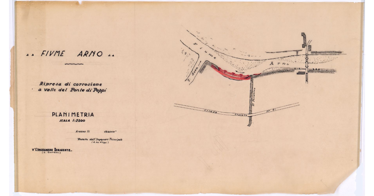 Fiume Arno. Ripresa di corrosione a valle del Ponte di Poppi. Planimetria