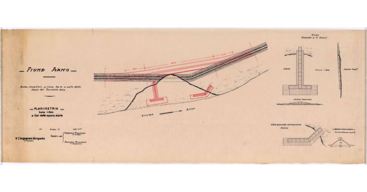Fiume Arno. Rotta Cavalieri a circa 700 m a valle dello sbocco del Torrente Sova. Planimetria e tipi delle opere d'arte