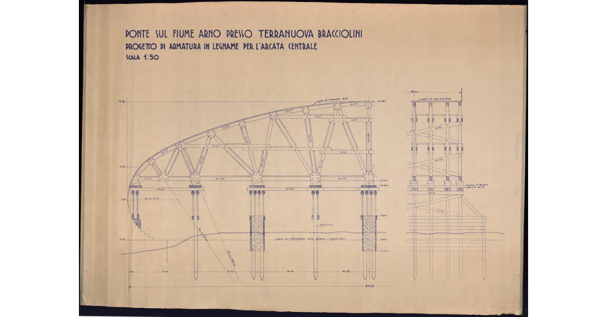 Ponte sul fiume Arno presso Terranuova Bracciolini. Progetto di armatura in legname per l'arcata centrale