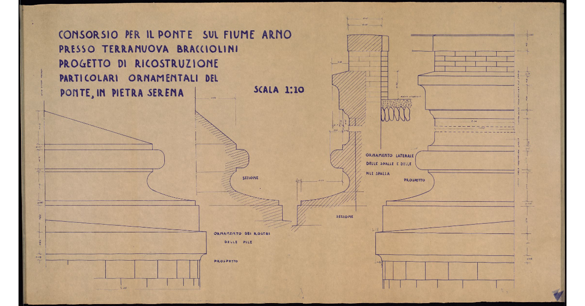 Consorzio per il ponte sul fiume Arno presso Terranuova Bracciolini. Progetto di ricostruzione. Particolari ornamentali del ponte, in pietra serena