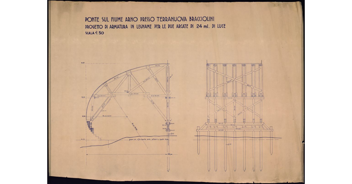 Ponte sul fiume Arno presso Terranuova Bracciolini. Progetto di armatura in legname delle due arcate di mt. 24 di luce