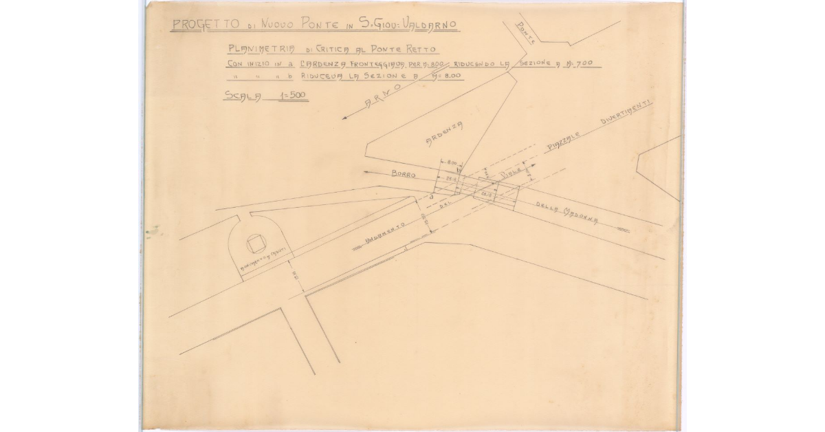 Progetto di Nuovo Ponte in S. Giovanni Valdarno. Planimetria di critica al ponte retto