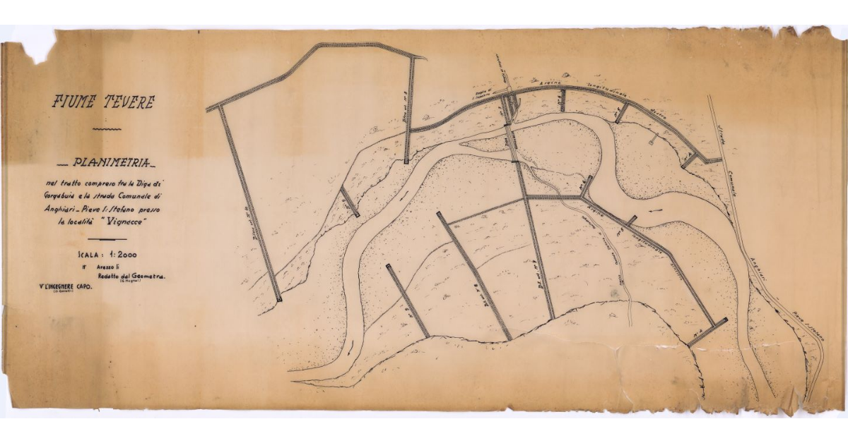 Fiume Tevere. Planimetria nel tratto compreso fra la Diga di Gorgabuia e la strada Comunale di Anghiari - Pieve S. Stefano presso la località "Vignacce"