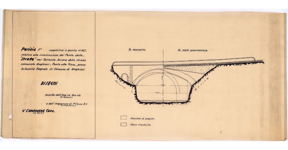 Petrizia suppletiva a quella n. 667, relativa alla ricostruzione del Ponte delle "Strette" nel Torrente Sovara della strada Anghiari-Ponte alla Piera, presso la località Bagnolo in Comune di Anghiari. Disegni