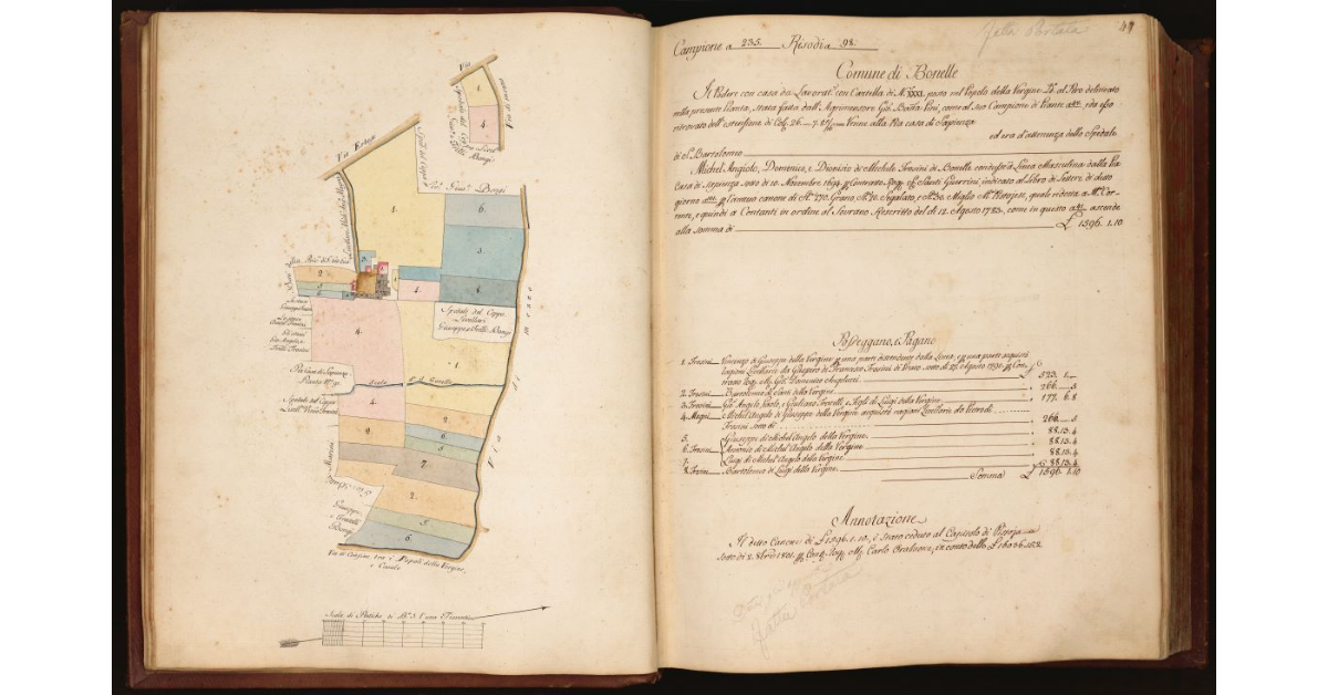 [Pianta di un podere con casa da lavoratore situato in località "al Pero", Comune di Bonelle, Popolo della Vergine]