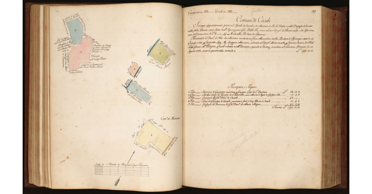 [Pianta di cinque appezzamenti di terreno posti in località "le Prata" e lungo il fosso Dogaja nel Comune di Casale, Popolo di Casale e Mansiano]