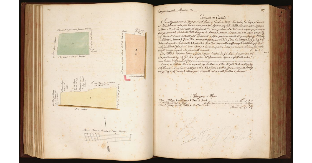 [Pianta di tre appezzamenti di terreno situati in località "La Torricella", "Corbaja" e "Casone dei Toni", nel Comune e Popolo di Casale]