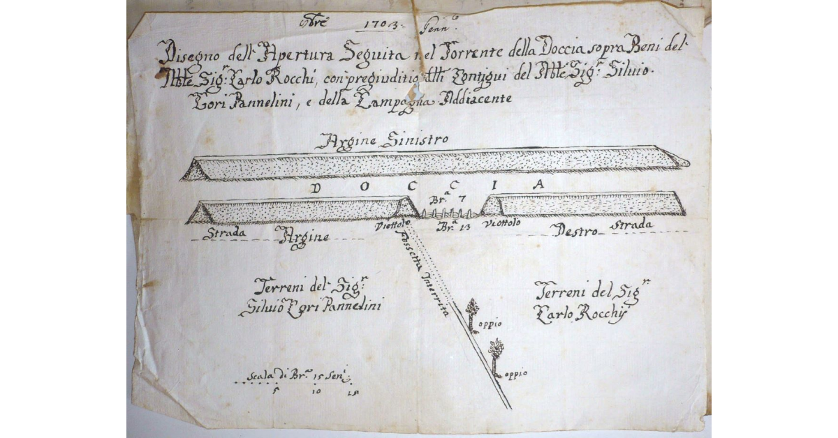 Disegno dell'Apertura Seguita nel Torrente della Doccia sopra Beni del Nobile Signor Carlo Rocchi con pregiuditio delli contigui del Nobile Signor Silvio Gori Pannelini, e della campagna Addiacente [nel territorio di Torrita]