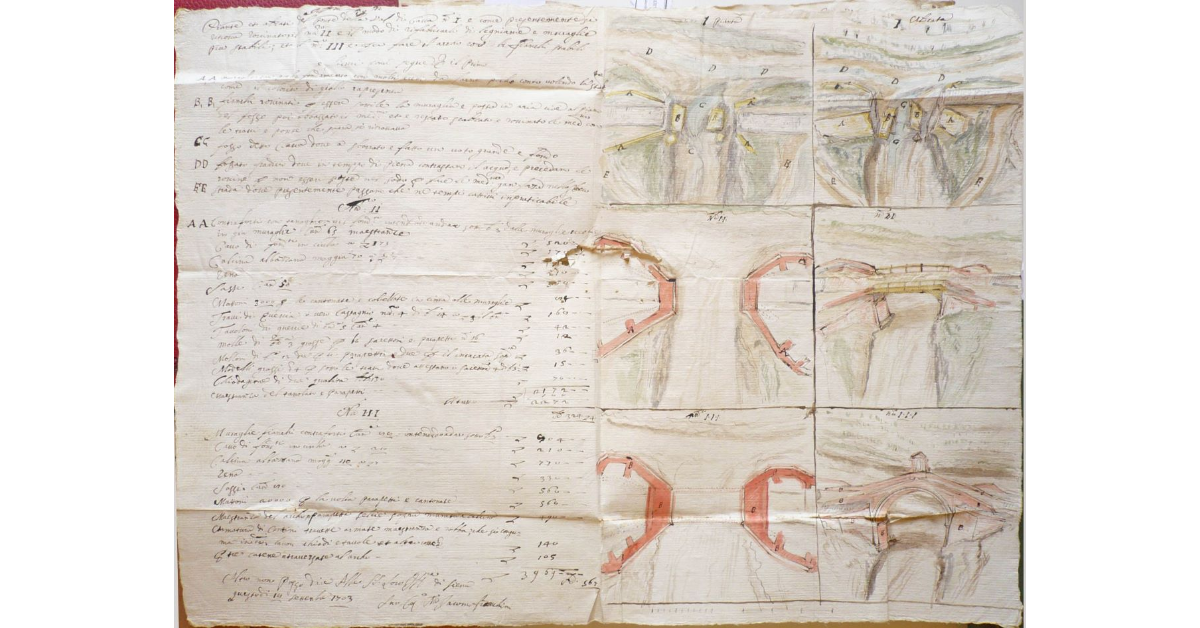 Piante et alzati del Ponte della Val di Cava numero I è come presentamente si ritrova rovinato, il numero II è il modo di rifabricarlo di legniame e muraglie piu stabili, et il numero III e per fare il archo con li fianchi stabili e sicuri come segue