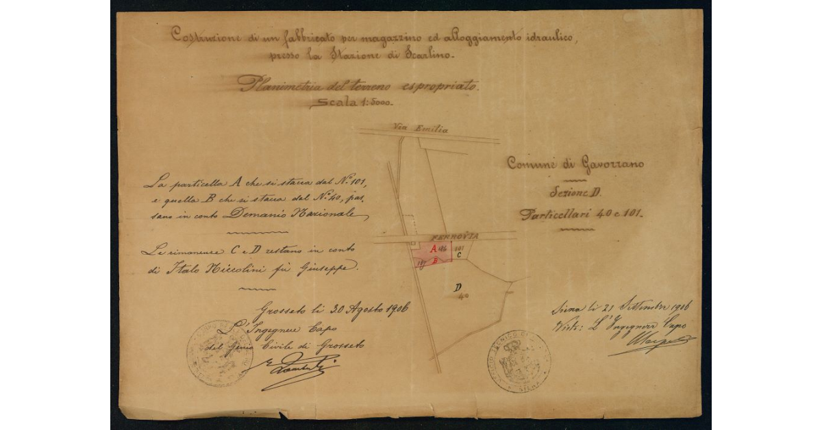 Costruzione di un fabbricato per magazzino ed alloggiamento idraulico presso la stazione di Scarlino. Planimetria del terreno espropriato