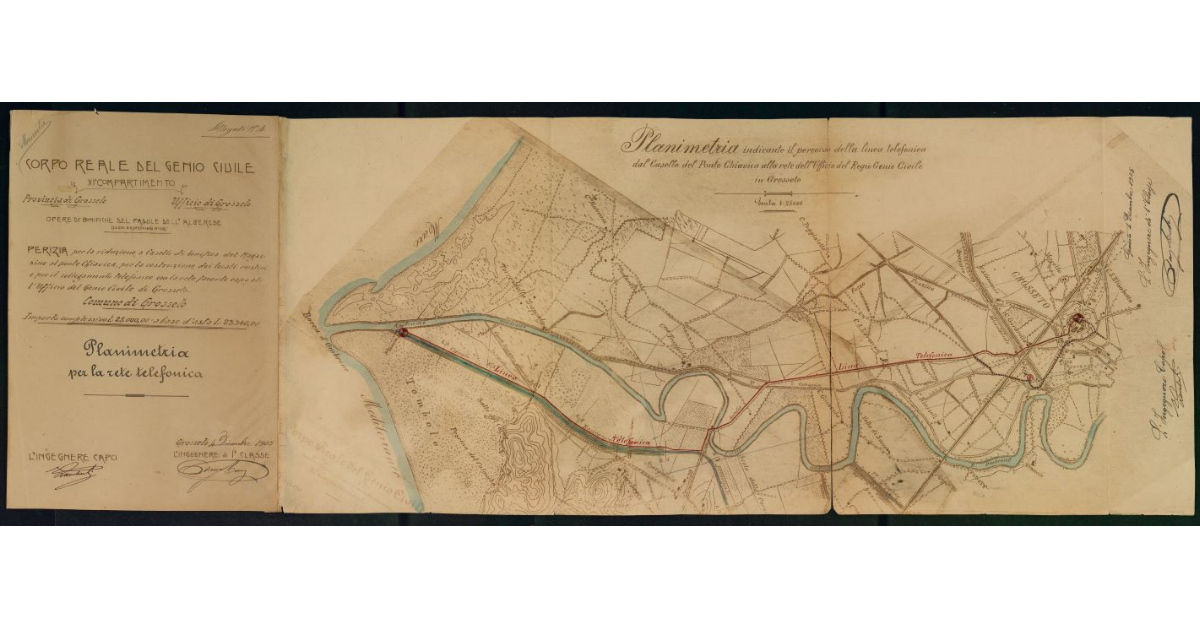 Planimetria indicante il percorso della linea telefonica dal Casello del Ponte Chiavica alla rete dell'Ufficio del Regio Genio Civile in Grosseto