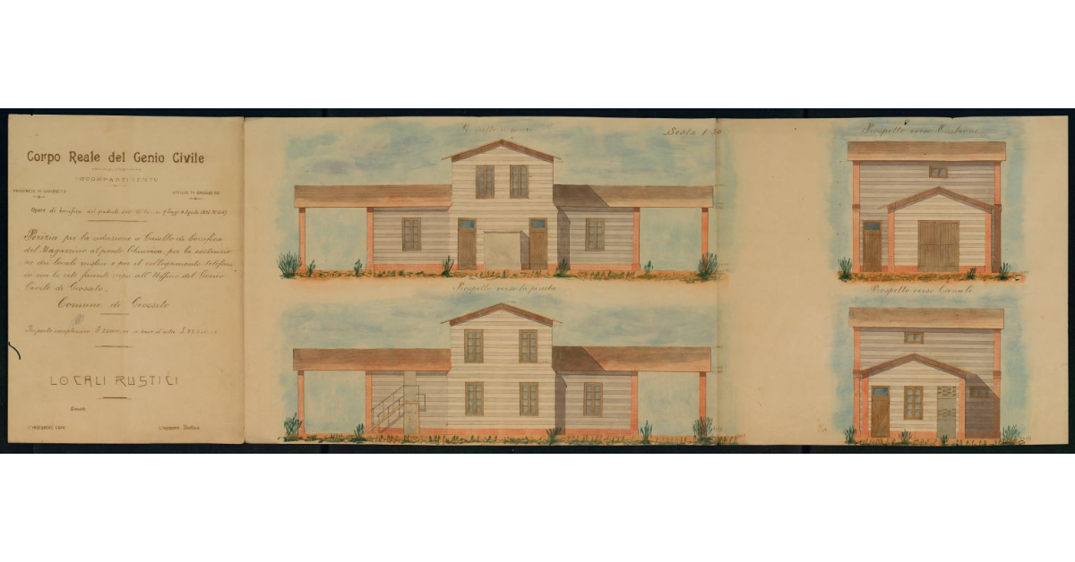 Perizia per la riduzione a casello di bonifica del Magazzino al Ponte alla Chiavica, per la costruzione dei locali rustici e per il collegamento telefonico con la rete facente capo all'Ufficio del Genio Civile di Grosseto. Locali rustici