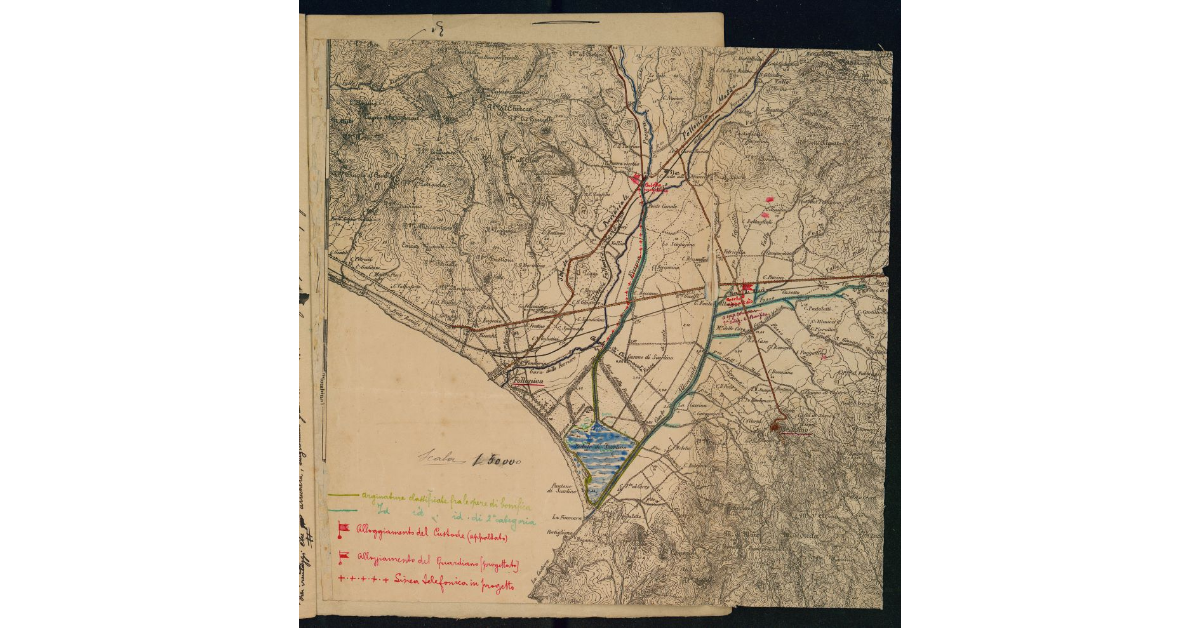 [Mappa relativa al progetto per la costruzione di un fabbricato ad uso di magazzino ed alloggiamento idraulico sul fiume Pecora al passo della strada Massetana]