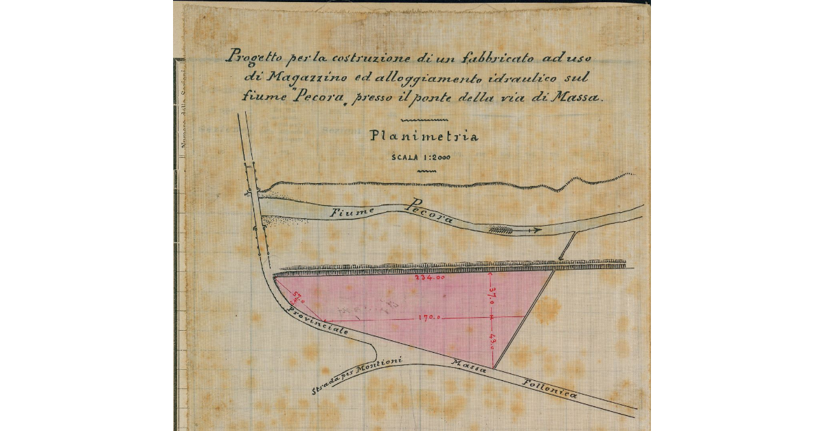 Progetto per la costruzione di un fabbricato ad uso di Magazzino ed alloggiamento idraulico sil fiume Pecora, presso il ponte della via di Massa. Planimetria