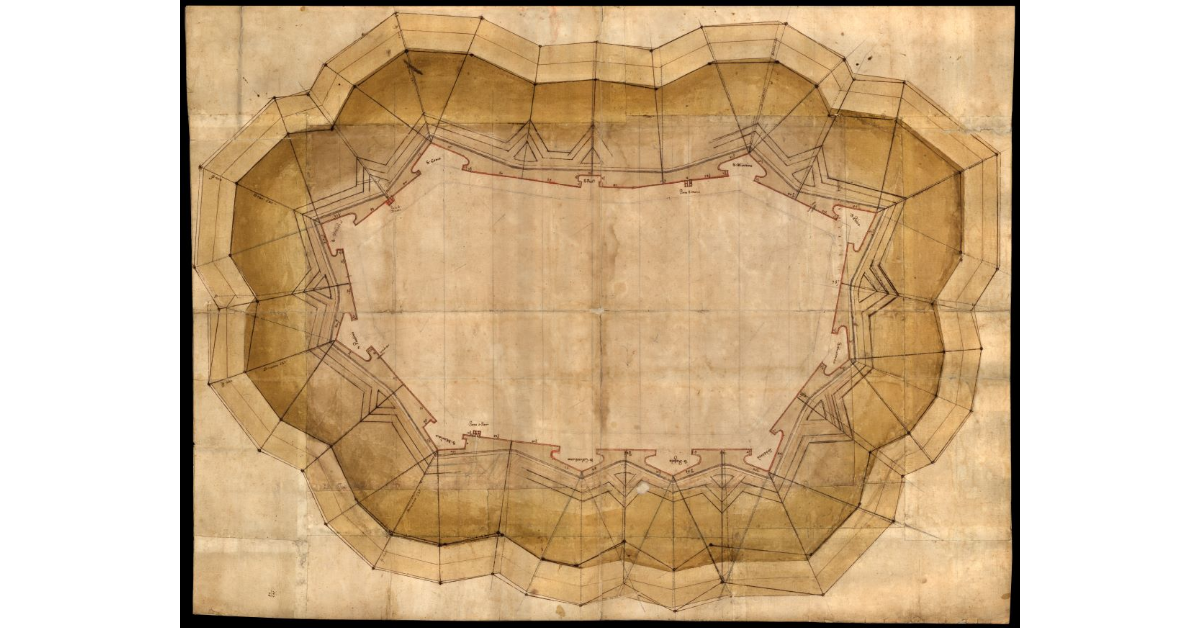 [Pianta delle mura di Lucca con tracciato dei tiri d'artiglieria]