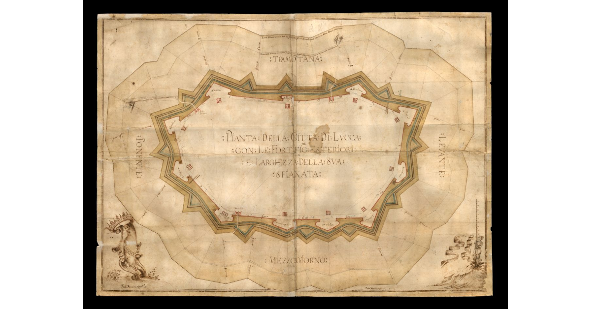 Pianta della città di Lucca con le fortificazioni esteriori e larghezza della sua spianata