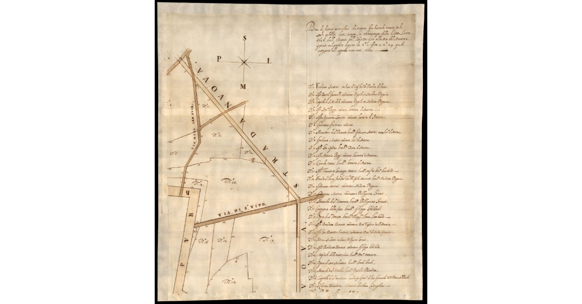 Beni di diversi particolari che restano fra le strade nuove et li spalti pubblici fatti intorno la controscarpa della città l'anno 1645 dall'acqua dell condotto fino alla via del Arancio [a Lucca]