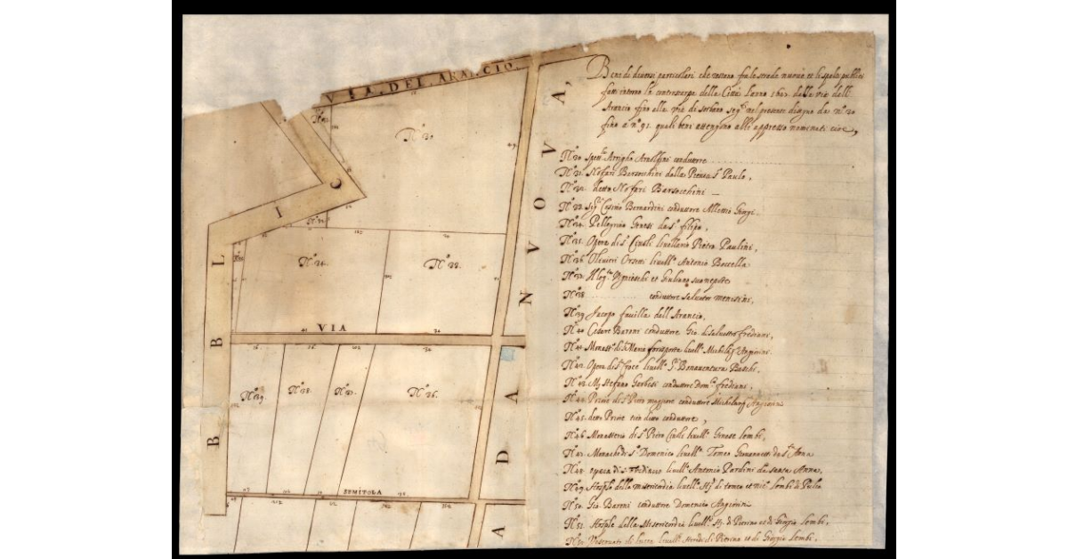 Beni di diversi particolari che restano fra le strade nuove et li spalti pubblici fatti intorno la contrascarpa della città [di Lucca] l'anno 1647 dalla via dell'Arancio fino alla via di Sorbano