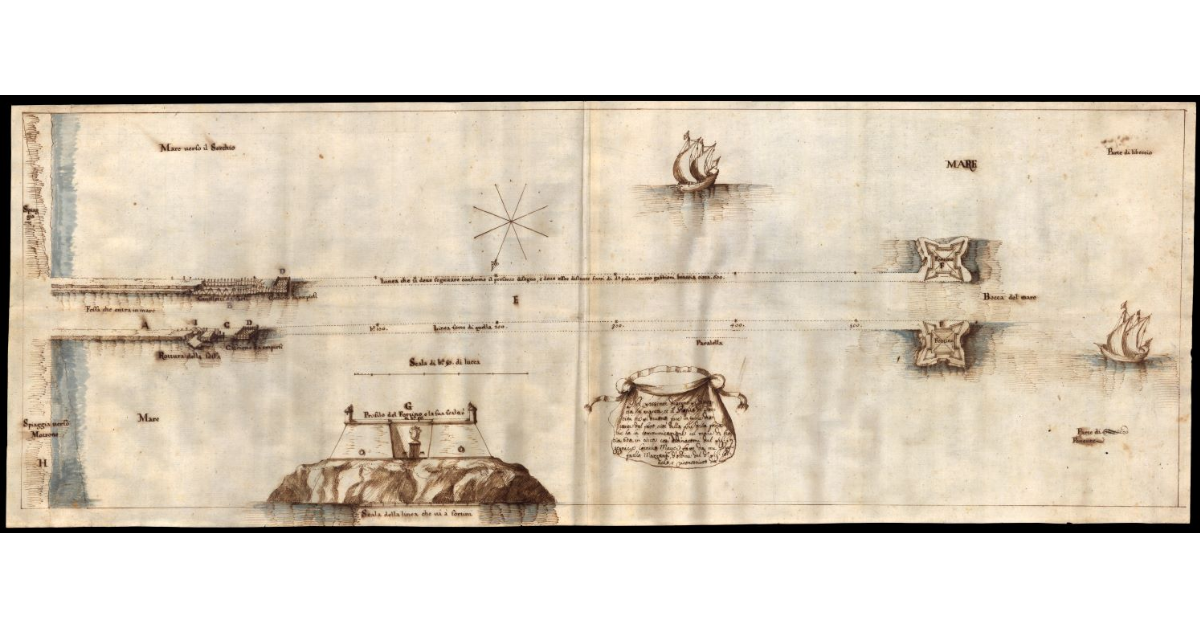 Il presente disegno si dimostra la pianta et il profilo de fortini che si devono fare in mare [a Viareggio] ordinatomi dal sig. Ingegniere Cornelio Mayer [...]