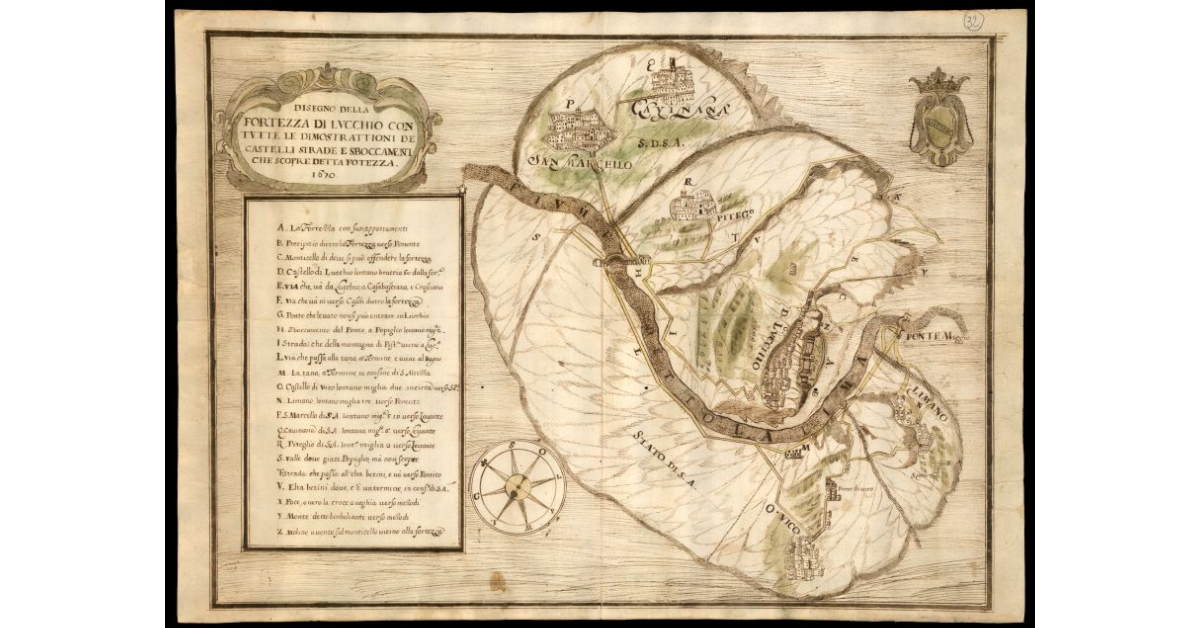 Disegno della fortezza di Lucchio con tutte le dimostrattioni de castelli strade e sboccamenti che scopre detta fortezza
