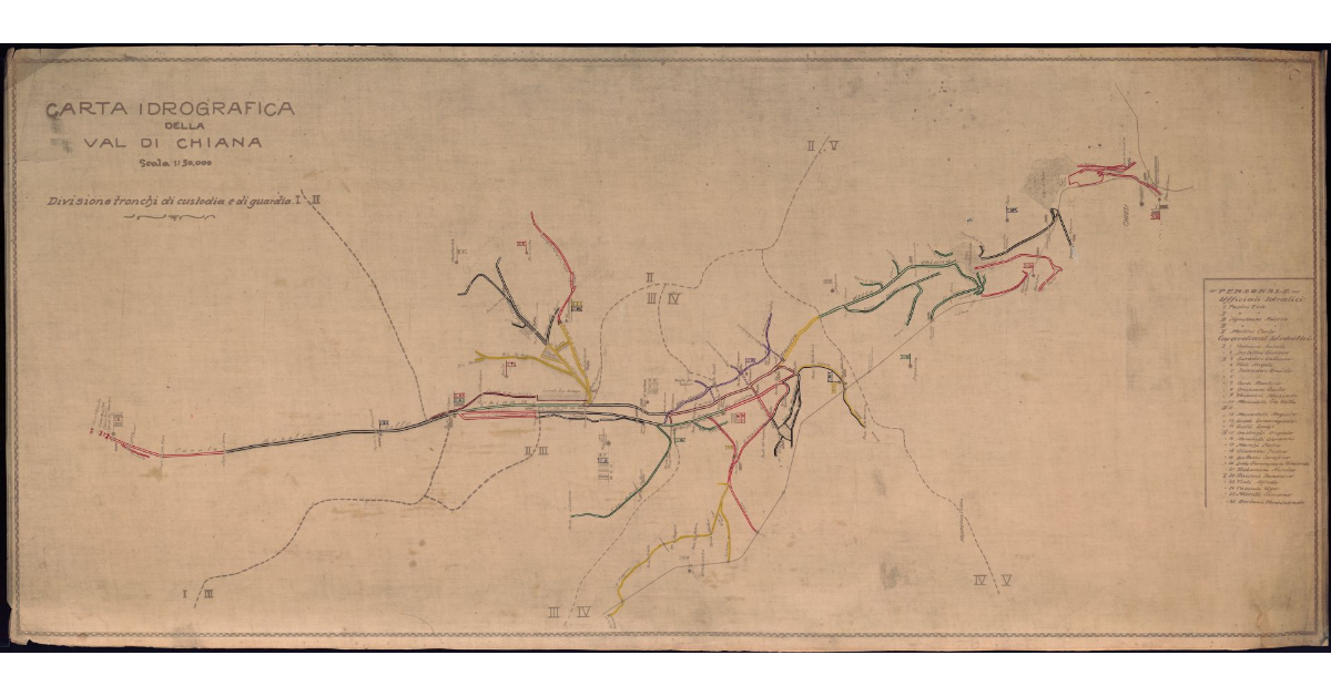 Carta idrografica della Val di Chiana. Divisione in tronchi I e II