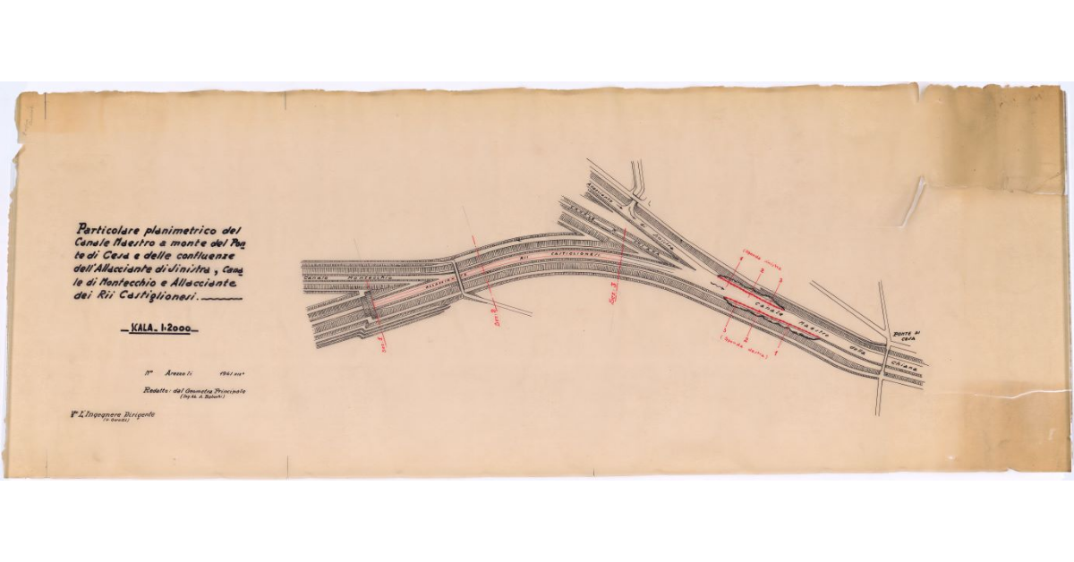 Particolare planimetrico del Canale Maestro a monte del Ponte di Cesa e delle confluenze dell’Allacciante di sinistra, Canale di Montecchio e Allacciante dei Rii Castiglionesi