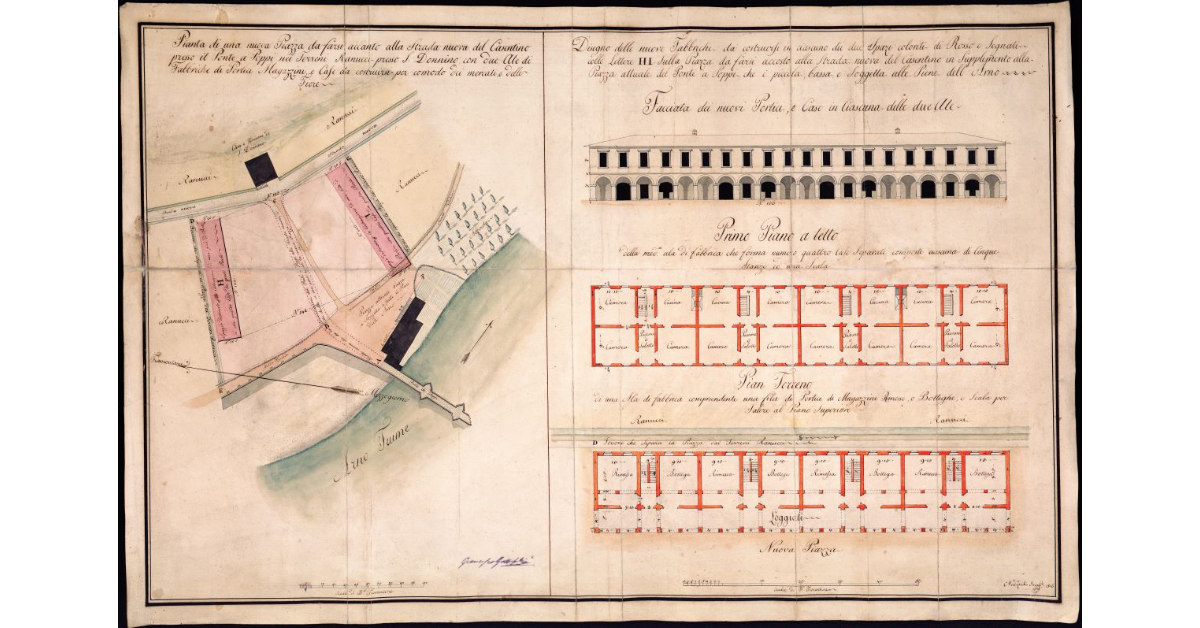 Pianta di una nuova Piazza da farsi accanto alla Strada nuova del Casentino presso il Ponte a Poppi nei Terreni Ranucci presso S. Donnino con due Ale di Fabbriche di Porta Magazzini e Case da costruirsi per comodo di mercati e delle Fiere