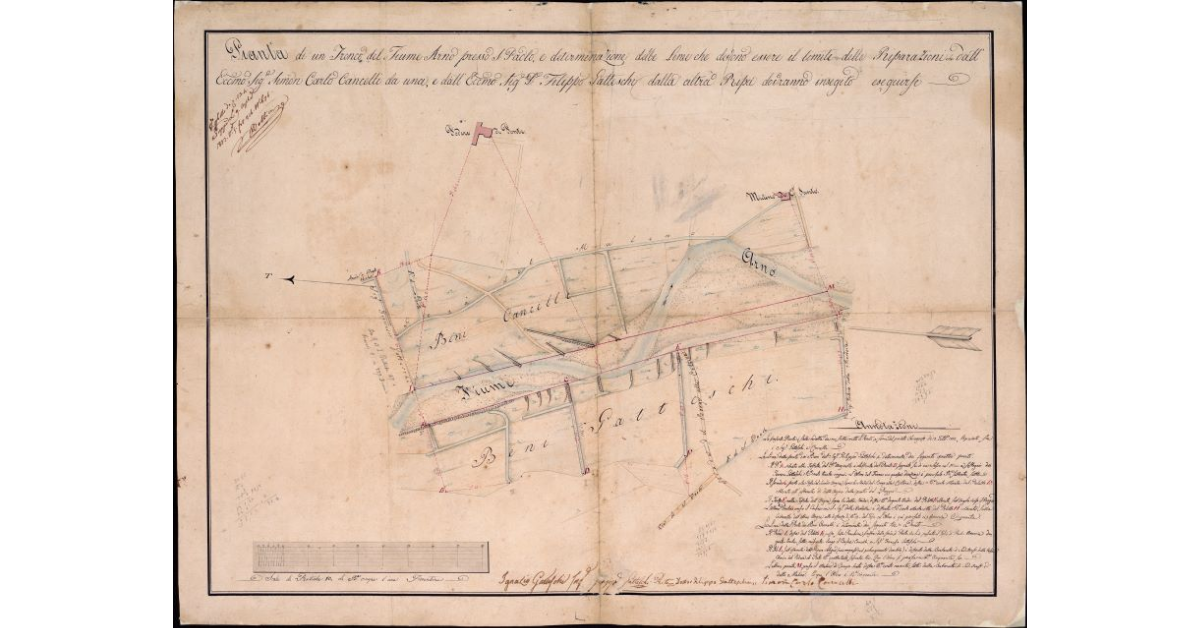 Pianta di un tronco del Fiume Arno presso S. Paolo e determinazione delle Linee che devono essere il limite delle Riparazioni che dall'Ecc.mo Sig.e Simon Carlo Cancelli da una e dall'Ecc.mo Sig.e De Filippo Gatteschi dall'altra Ripa dovranno in seguito eseguirli