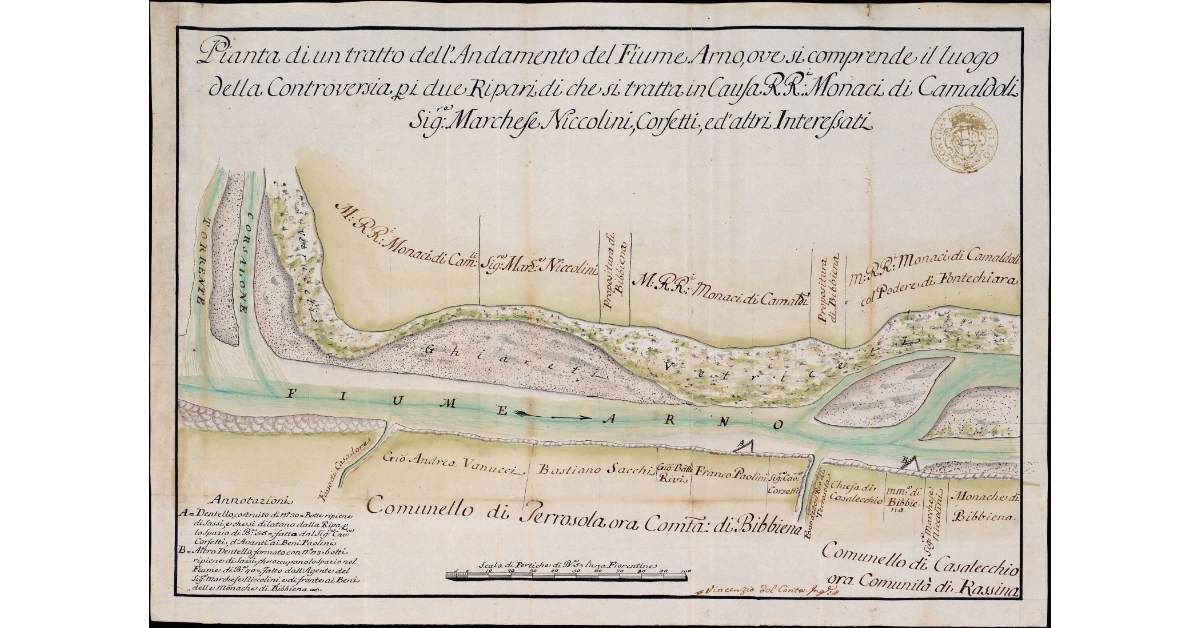 Pianta di un tratto dell'andamento del fiume Arno, ove si comprende il luogo della controversia per i due Ripari di che si tratta in Causa R.R.i Monaci di Camaldoli, Sig.re Marchese Niccolini, Corsetti ed altri Interessati